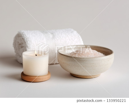 Minimal white spa setup with towel and sea salt Minimal white spa setup with towel and sea salt 133950221