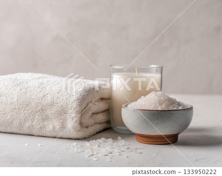 White spa flat lay with sea salt and candle White spa flat lay with sea salt and candle 133950222