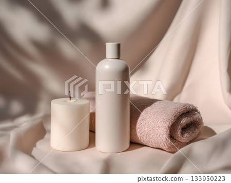 Minimal spa scene with cosmetic bottle and candle Minimal spa scene with cosmetic bottle and candle 133950223