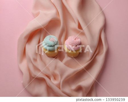 Soft blush pastel dessert composition with cupcakes 133950239