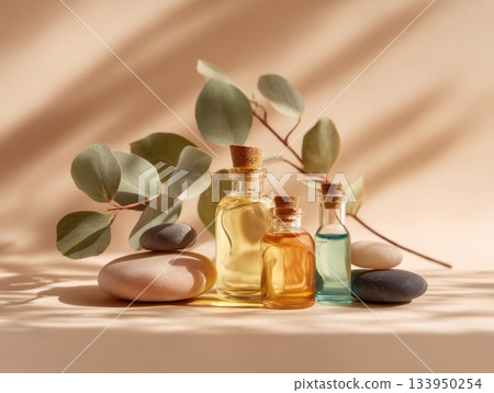 Aromatherapy oils with stones and eucalyptus 133950254