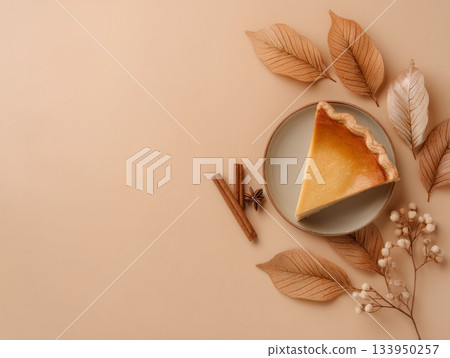 Autumn dessert with pumpkin pie and cinnamon 133950257