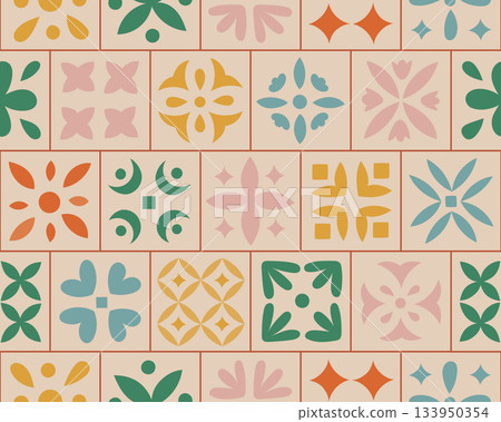 Watercolor botanical ornamental pastel color tile seamless pattern. Floral bohemian vector wall, floor, fabric design. 133950354
