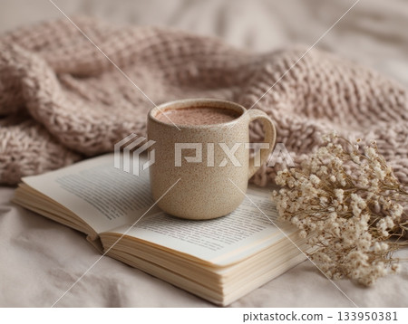 Mug of cocoa with open book Mug of cocoa with open book 133950381