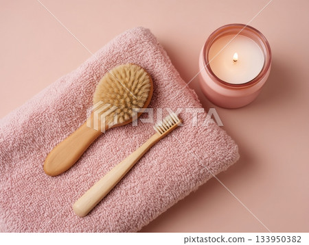 Blush pink spa flat lay with towel and brush Blush pink spa flat lay with towel and brush 133950382
