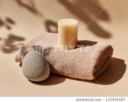 Beige spa flat lay with pumice and candle 133950387