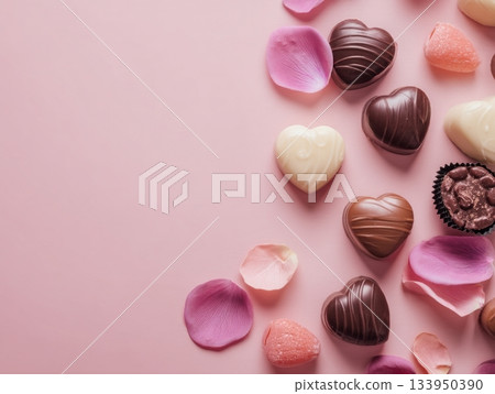 Heart chocolates with rose petals Heart chocolates with rose petals 133950390