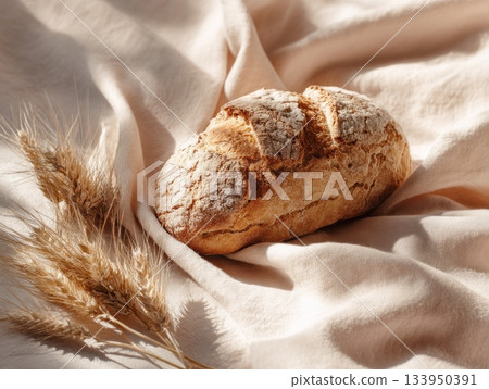 Artisan bread loaf and wheat ears Artisan bread loaf and wheat ears 133950391