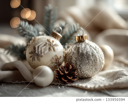 White and silver Christmas ornaments with spruce branches and satin ribbon White and silver Christmas ornaments with spruce branches and satin ribbon 133950394
