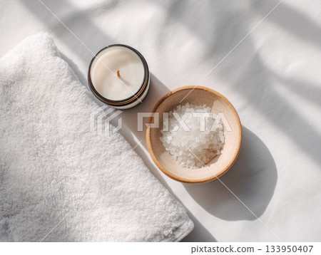 White spa flat lay with sea salt and candle White spa flat lay with sea salt and candle 133950407