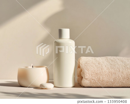 Minimal spa scene with cosmetic bottle and candle 133950408