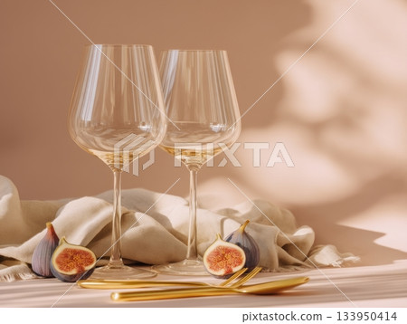 Romantic wine glasses with figs and gold cutlery 133950414