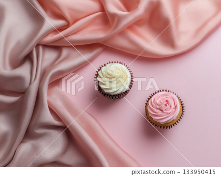 Pastel cupcakes on silk napkin minimal flat lay Pastel cupcakes on silk napkin minimal flat lay 133950415