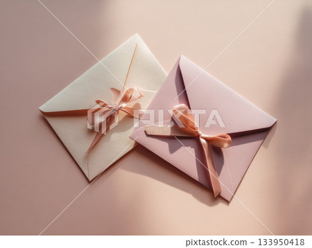 Two pastel envelopes tied with silk ribbon on blush background 133950418