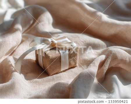 Small gift box on beige fabric Small gift box on beige fabric 133950421