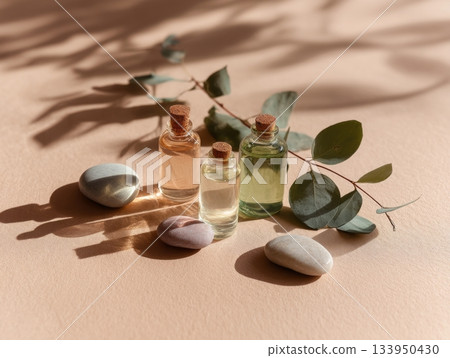 Aromatherapy oils with stones and eucalyptus 133950430