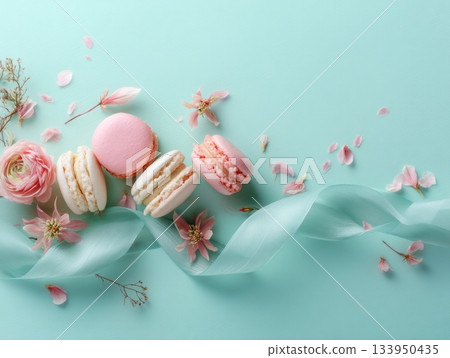 Pastel macarons with ribbon and flower petals 133950435