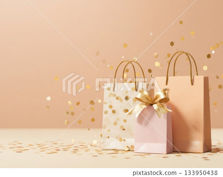 Pastel shopping bags with gold ribbons Pastel shopping bags with gold ribbons 133950438