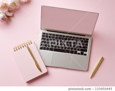 Minimal pastel workspace with laptop, notepad and gold pen Minimal pastel workspace with laptop, notepad and gold pen 133950445