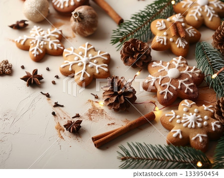 Gingerbread cookies with pine branches and cinnamon sticks on cream background, Gingerbread cookies with pine branches and cinnamon sticks on cream background, 133950454