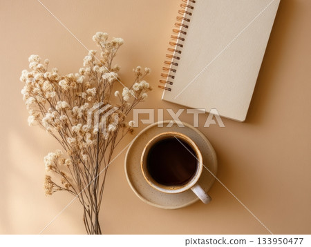 Cozy flat lay with coffee, notebook and dried flowers 133950477