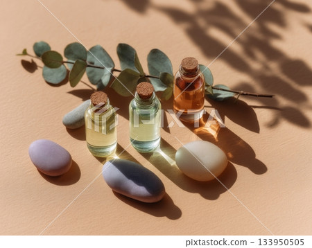 Essential oil bottles with leaves and stones 133950505