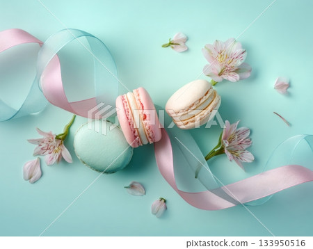 Pastel macarons with ribbon and flower petals Pastel macarons with ribbon and flower petals 133950516