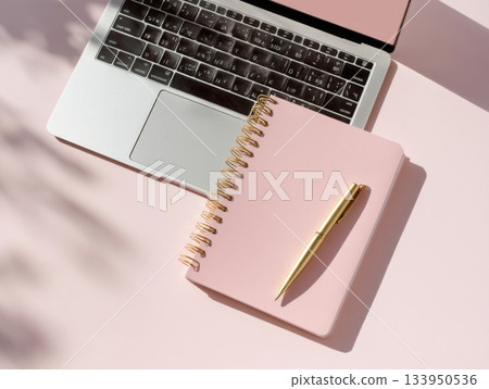 Elegant minimal flat lay with laptop and golden pen Elegant minimal flat lay with laptop and golden pen 133950536