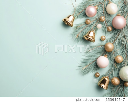 Elegant festive composition with golden bells and pine branches 133950547
