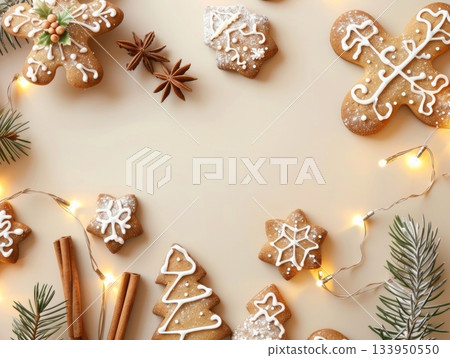 Minimal cozy Christmas flatlay with gingerbread cookies and pine branches 133950550