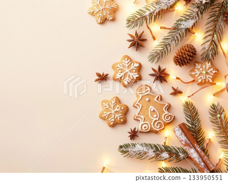 Gingerbread cookies with pine branches, cinnamon sticks and fairy lights 133950551