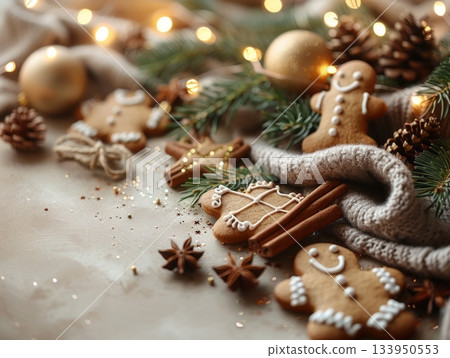 Minimal festive flatlay with gingerbread cookies, pine branches and cinnamon sticks 133950553