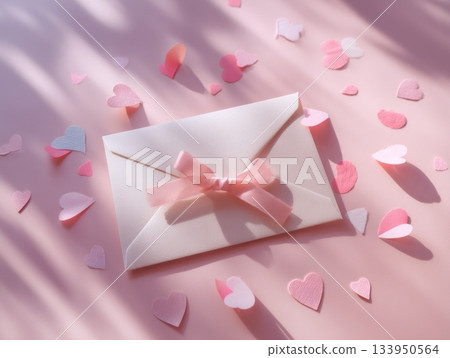 Envelope with pink ribbon and hearts on pastel background Envelope with pink ribbon and hearts on pastel background 133950564