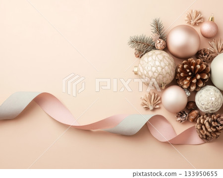 Pastel Christmas Flat Lay with Ornaments and Ribbon Pastel Christmas Flat Lay with Ornaments and Ribbon 133950655