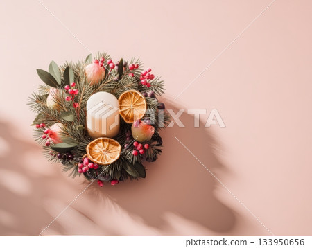 Christmas Wreath with Candle flat lay Christmas Wreath with Candle flat lay 133950656