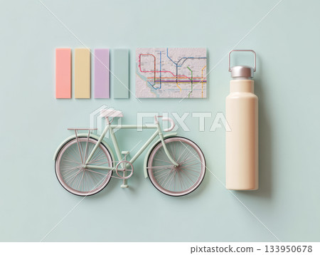 Travel Flat Lay Mockup with Bicycle and Tickets 133950678