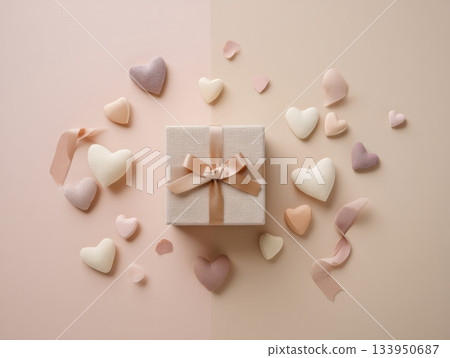 Pastel Valentine Flat Lay with Gift Box and Hearts 133950687