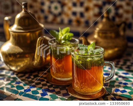 Tunisian mint tea with brass teapot Tunisian mint tea with brass teapot 133950693