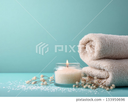 Spa towel and candle on turquoise background Spa towel and candle on turquoise background 133950696