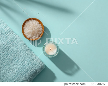 Candle and bath salt with towel 133950697