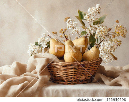 Basket of pears with white flowers Basket of pears with white flowers 133950698