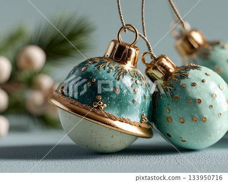 Golden bells and mint Christmas baubles with pine branches 133950716