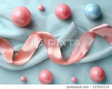 Geometric pastel ornaments and satin ribbon on mint background, minimal product Geometric pastel ornaments and satin ribbon on mint background, minimal product 133950724