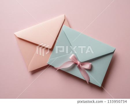Minimal romantic flat lay with tied envelopes and silk ribbons Minimal romantic flat lay with tied envelopes and silk ribbons 133950734