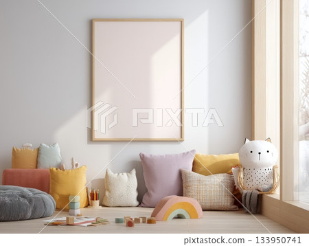 Scandinavian Kids Room Mockup with Blank Poster Frame 133950741
