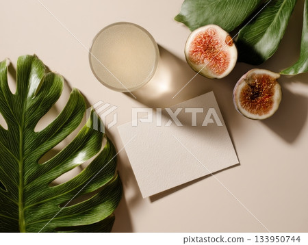 Tropical Mockup with Green Fig, Drink and Blank Card Tropical Mockup with Green Fig, Drink and Blank Card 133950744