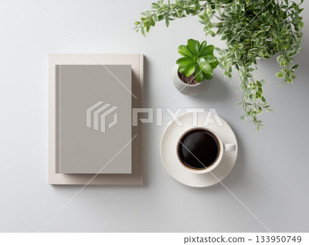 Minimal Open Magazine Mockup with Coffee and Greenery on White Desk 133950749