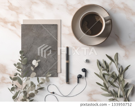 Greeting Card Mockup on Marble Desk with Coffee and Eucalyptus 133950752