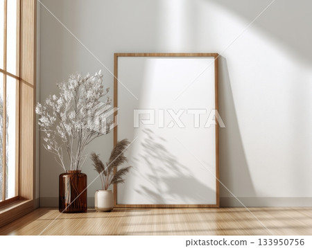 Minimal Poster Mockup with Wooden Frame and Sunlight Shadows Minimal Poster Mockup with Wooden Frame and Sunlight Shadows 133950756