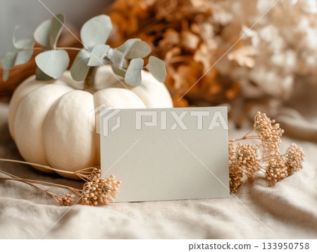 Autumn Greeting Card Mockup with White Pumpkin and Eucalyptus 133950758